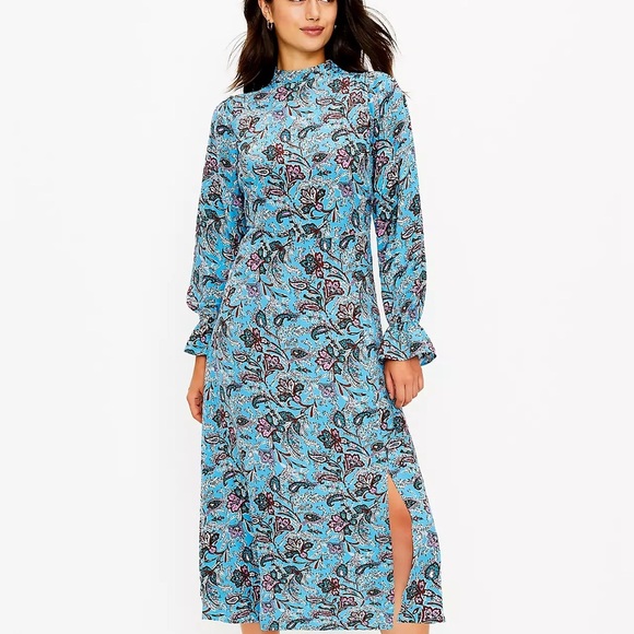 Loft Bohemian Floral Blue Midi Dress Leg Slit Paisley Long Sleeve - Picture 1 of 6